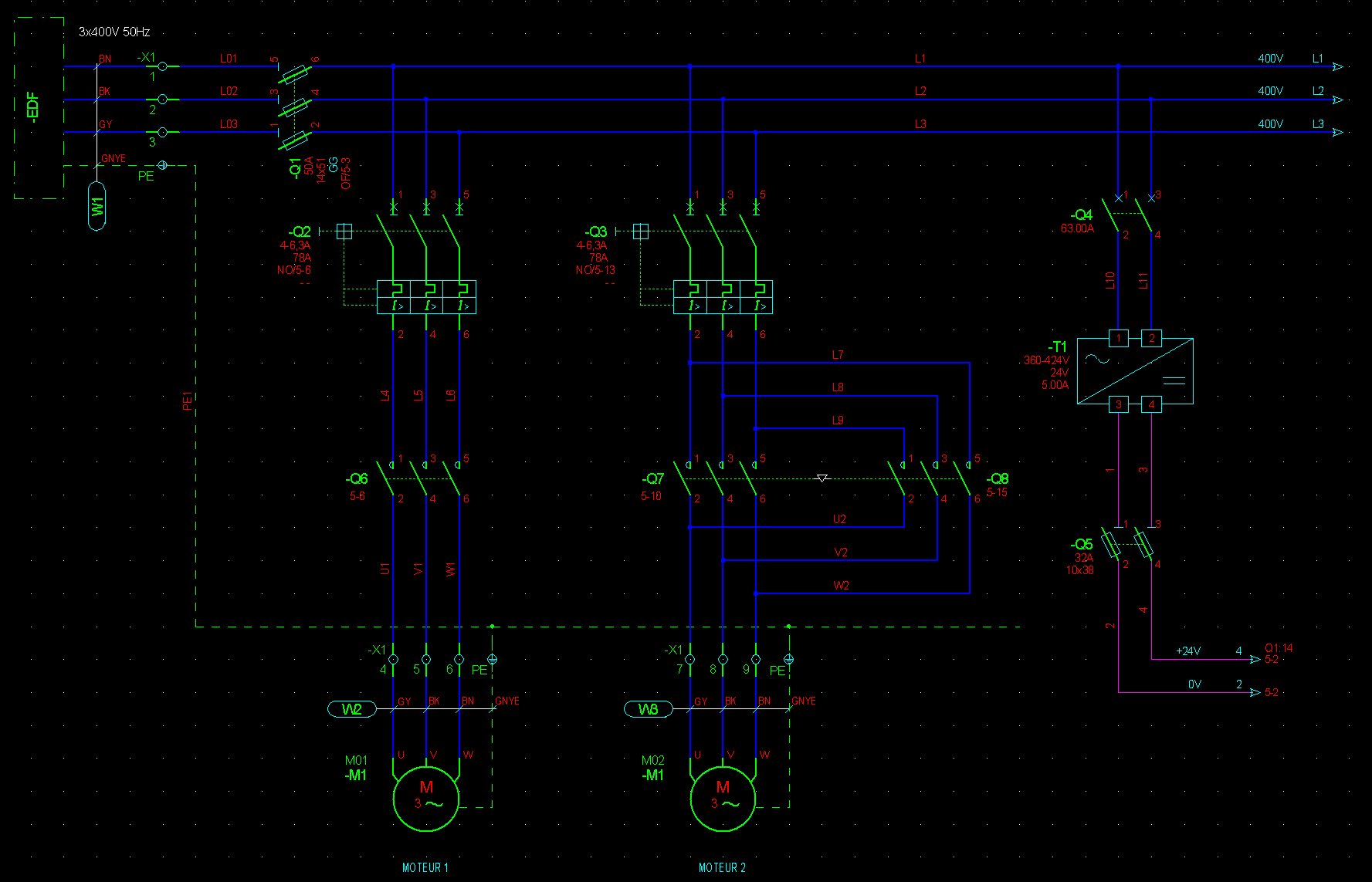 Extrait de schéma électrique industriel FG-Schéma : alimentation, protections et départs moteurs